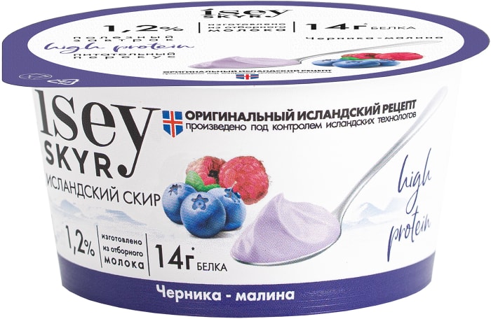 

Скир «Исландский» с черникой и малиной 1.2%, Isey SKYR, 150 г, Россия, БЗМЖ