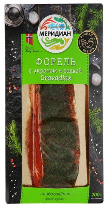 

Форель Меридиан Gravadlax слабосоленая филе-кусок с укропом и водкой 200 г