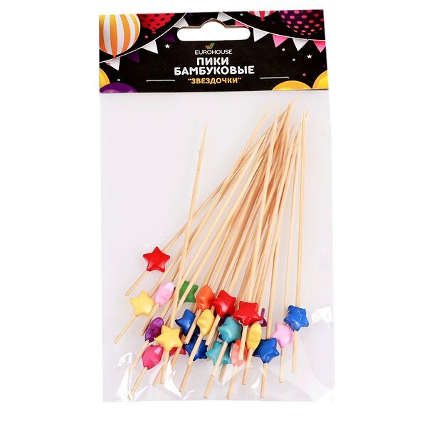 Пики бамбуковые Звездочки Eurohouse, 24 шт, 12 см