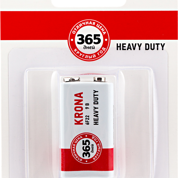 Элемент питания 365 ДНЕЙ 6F22, солевой, крона, 1 шт.
