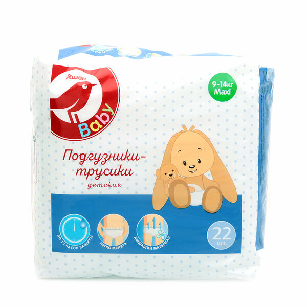 Подгузники-трусики АШАН Красная птица maxi 4+ размер 9-14 кг, 22 шт