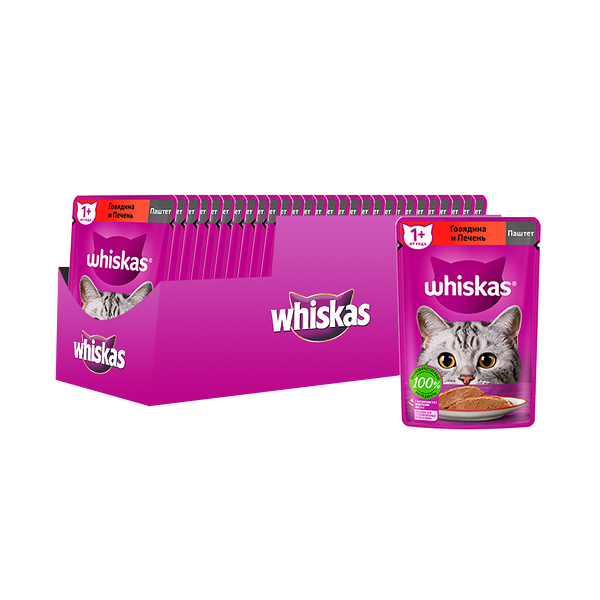 Корм для кошек WHISKAS говядина, печень паштет пауч 75г (упаковка - 24 шт)