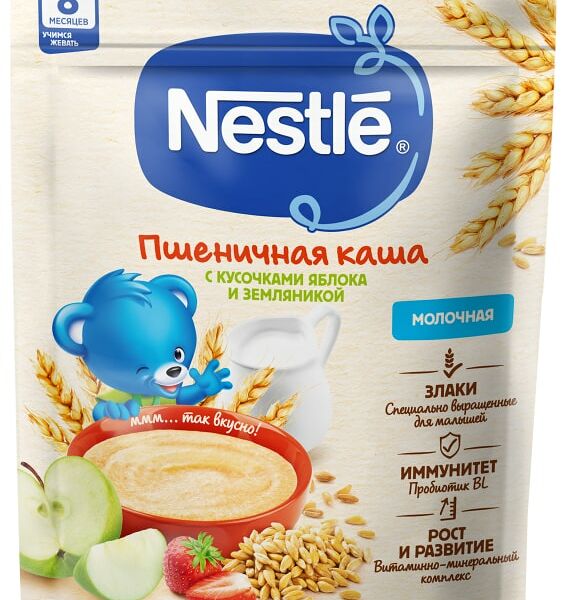 Каша Nestle Молочная пшеничная Яблоко-Земляника с 8 меcяцев 200г