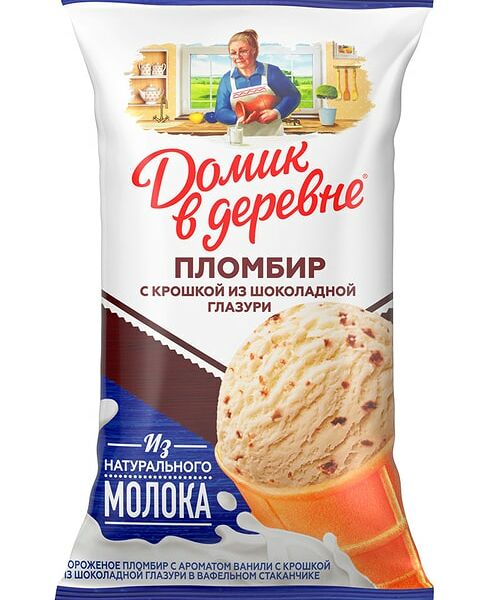 Мороженое Домик в деревне пломбир с ароматом ванили с крошкой из шоколадной глазури в вафельном стаканчике 12% 80г