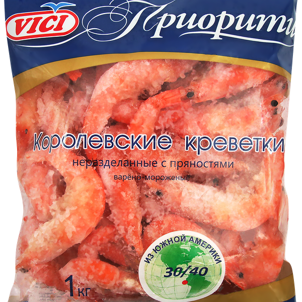 Креветки варено-мороженные Vici Королевские в панцире с головой, с пряностями