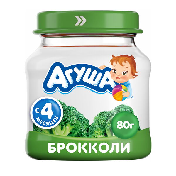 Пюре овощное Агуша Брокколи в стеклянной баночке, 80г, с 4 месяцев