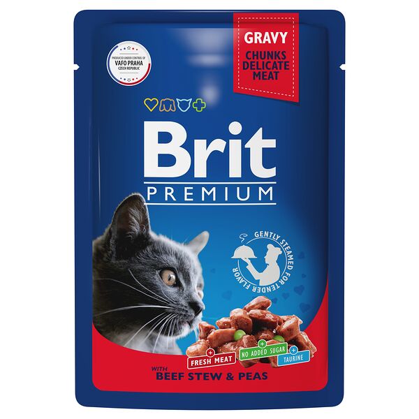 Влажный корм Brit Premium пауч для кошек (кусочки в соусе) Говядина и горошек