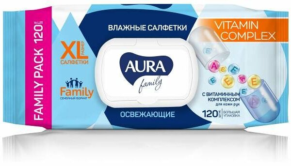Влажные салфетки освежающие Family big-pack (Фэмили биг-пак) с крышкой, 120 шт ТМ Aura (Аура)