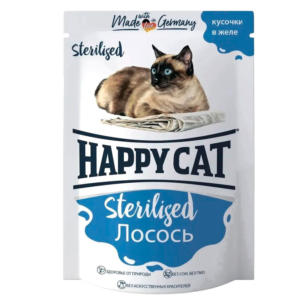 

Корм влажный Happy Cat Sterilised для стерилизованных кошек кусочки в желе с лососем 85 г
