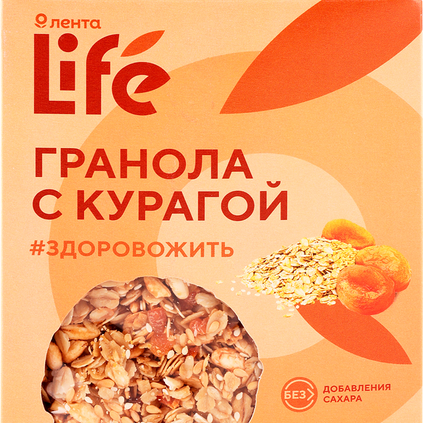 Гранола ЛЕНТА LIFE с курагой, без сахара, 400г
