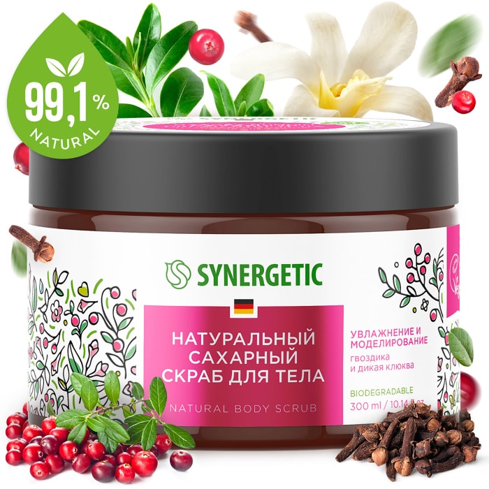 

Натуральный сахарный скраб для тела Synergetic гвоздика и дикая клюква 300 мл