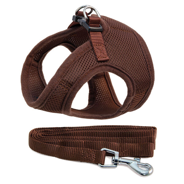 TRIOL Шлейка-жилетка с поводком мягкая нейлоновая коричневая M обхват груди 40см поводок 15х120см