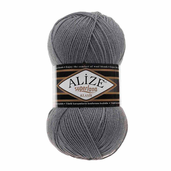 Пряжа ALIZE 'Superlana klasik' (однотонная) 100гр. 280м. (75% акрил, 25%шерсть) ТУ(87 угольно-серый)
