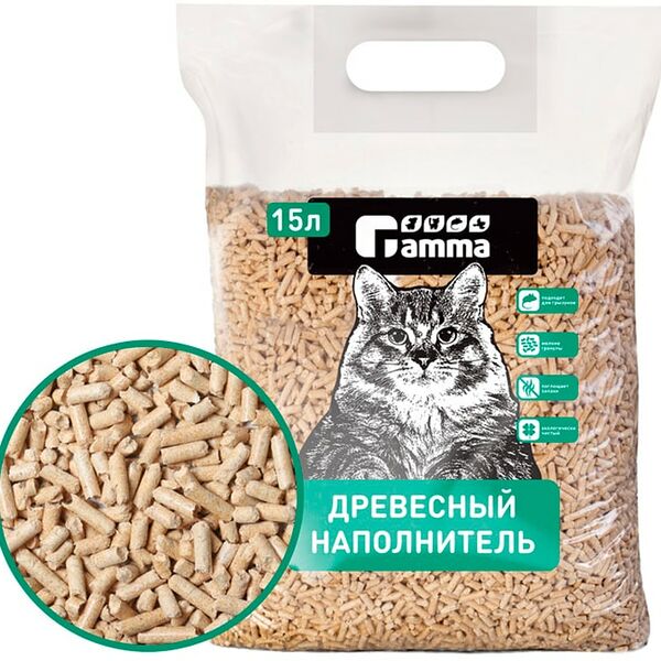 Наполнитель для кошачьего туалета Gamma древесный впитывающий мелкие гранулы 15л