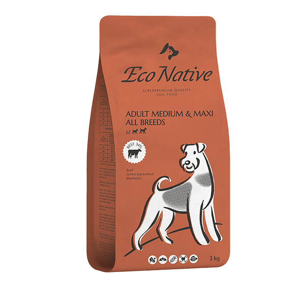Сухой корм для собак средних и крупных пород Eco Native Beef SUPERPREMIUM из степной говядины с зеленой гречкой и черникой 2 кг