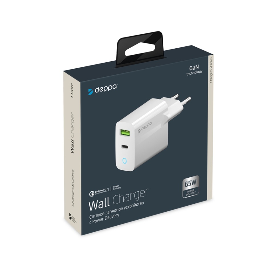 

Сетевое зарядное устройство USB A + 2xUSB-C Deppa Pd 3.0, qc 3.0, 65w GaN, белый, Китай