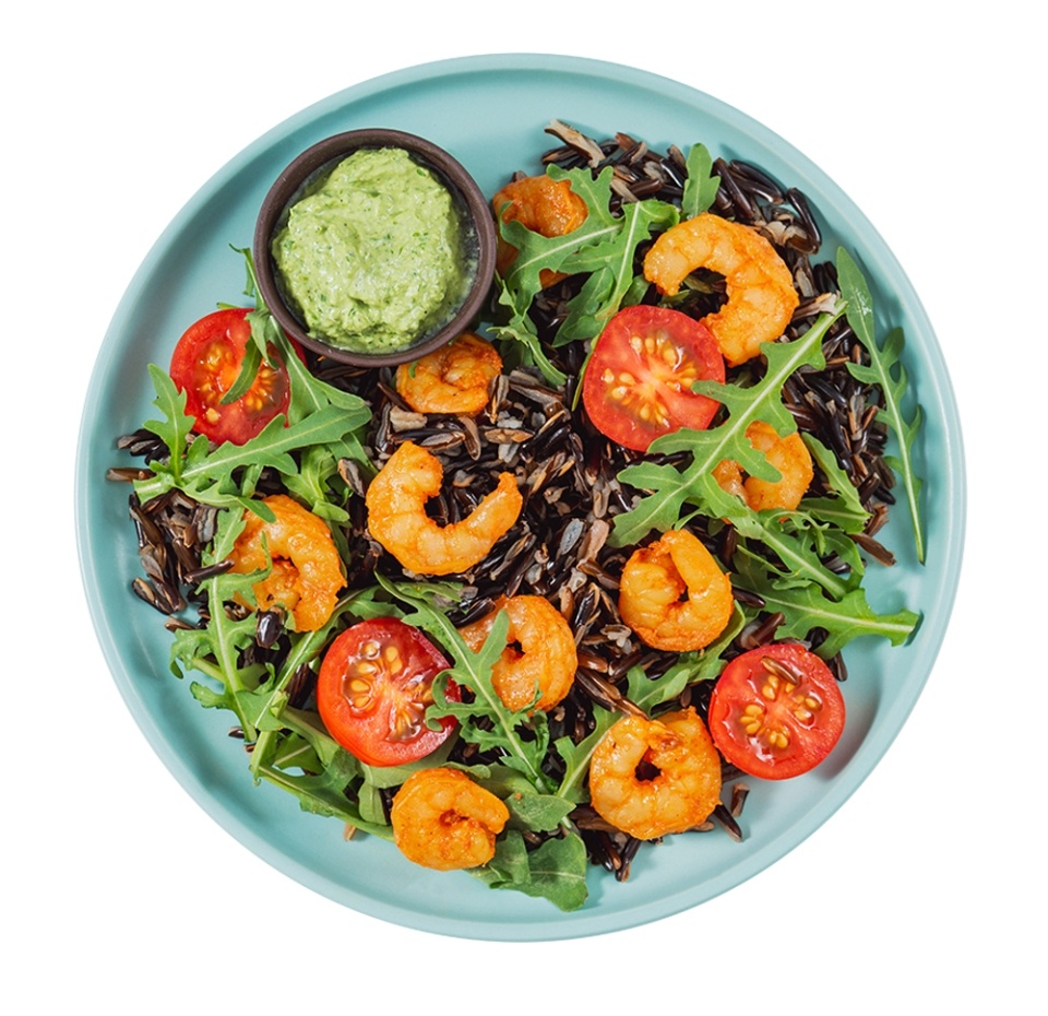 

Салат с креветками и диким рисом с соусом из рукколы Уже Готово, 130 г, Россия