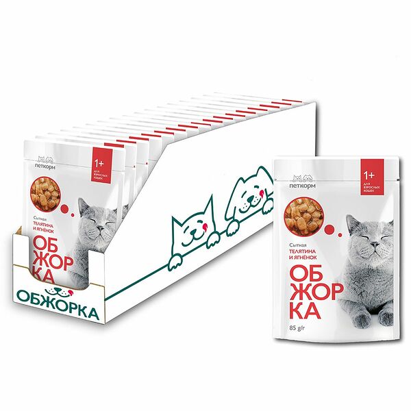 Корм для кошек ОБЖОРКА кусочки в желе с телятиной и ягнёнком пауч 85г (упаковка - 24 шт)