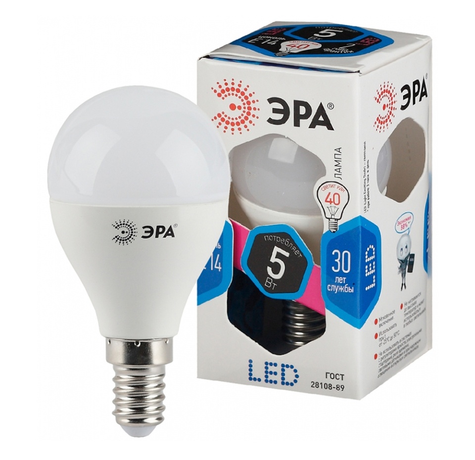 

Лампочка светодиодная Эра std led p45-5w-840-e14 e14 / Е14 5Вт шар нейтральный белый свет