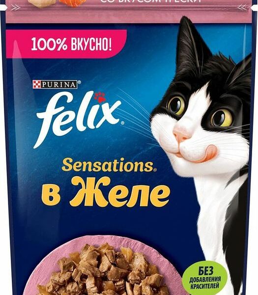 Корм влажный Felix Sensations желе лосось-треска