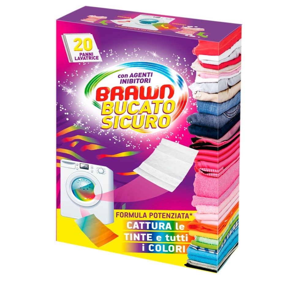 

Салфетки для стирки BRAWN цветных и белых вещей 20 шт. Италия