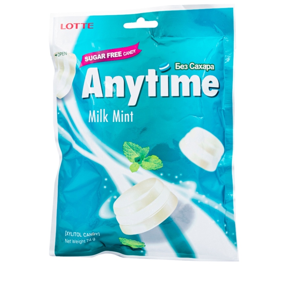 

Карамель LOTTE леденцовая Anytime со вкусом молока и мяты Lotte Confectionery Co.,Ltd., 74 г