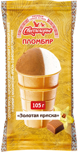 

Мороженое пломбир Свитлогорье Золотая ириска двухслойное в вафельном стаканчике 15% 105 г