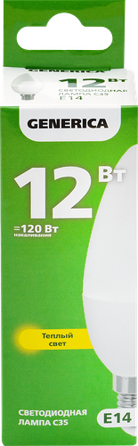 Лампа светодиодная GENERICA C35 свеча 12Вт 230В 3000К E14, Арт. LL-C35-12-230-30-E14-G