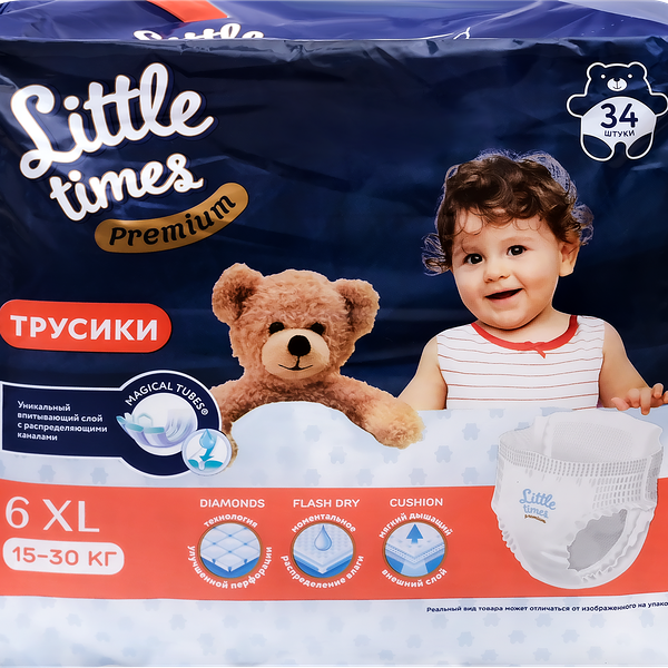 Подгузники-трусики детские LITTLE TIMES Premium XL 15–30кг, 34шт