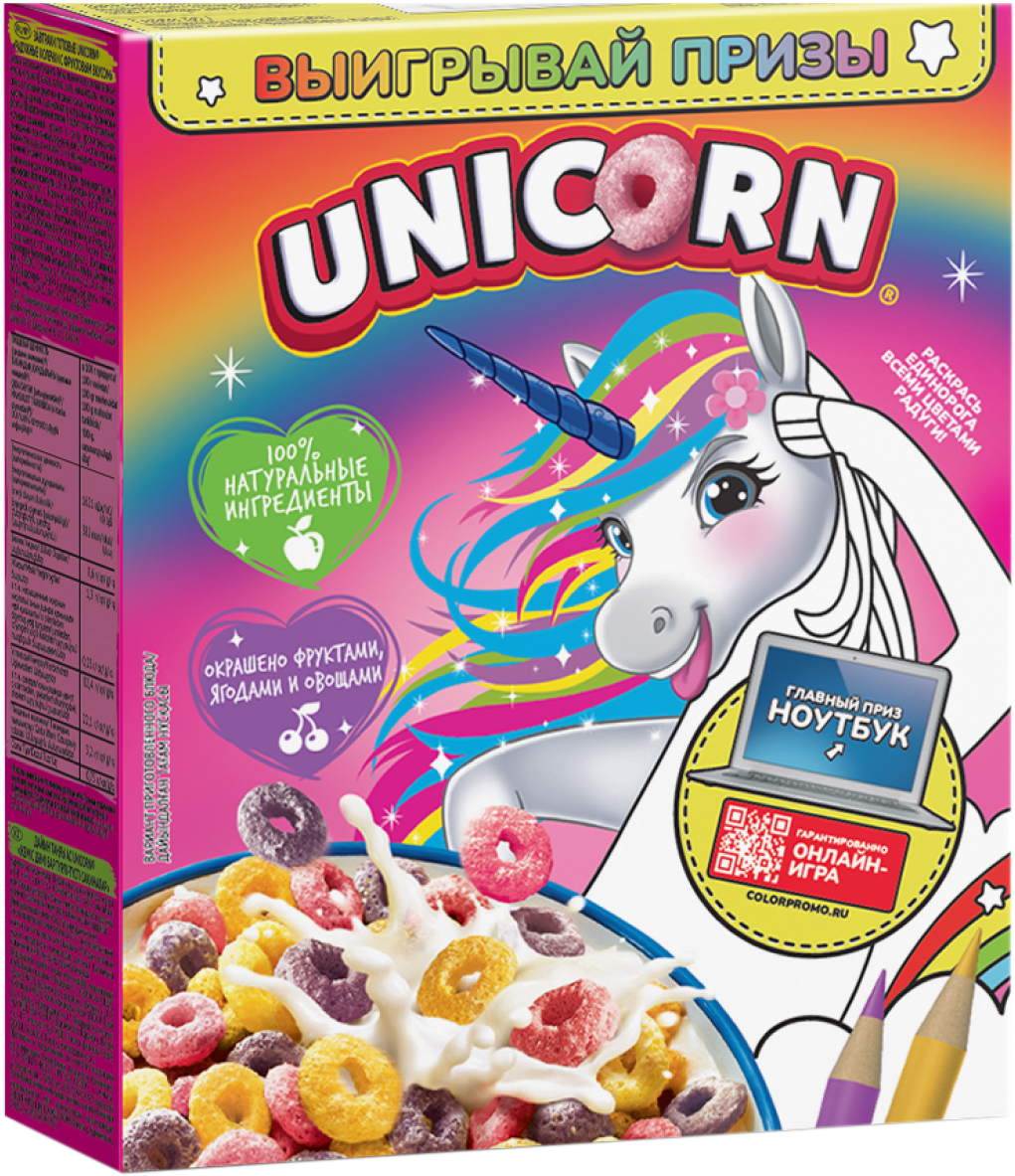 

Готовый завтрак Kelloggs Unicorn Радужные колечки с фруктовым вкусом