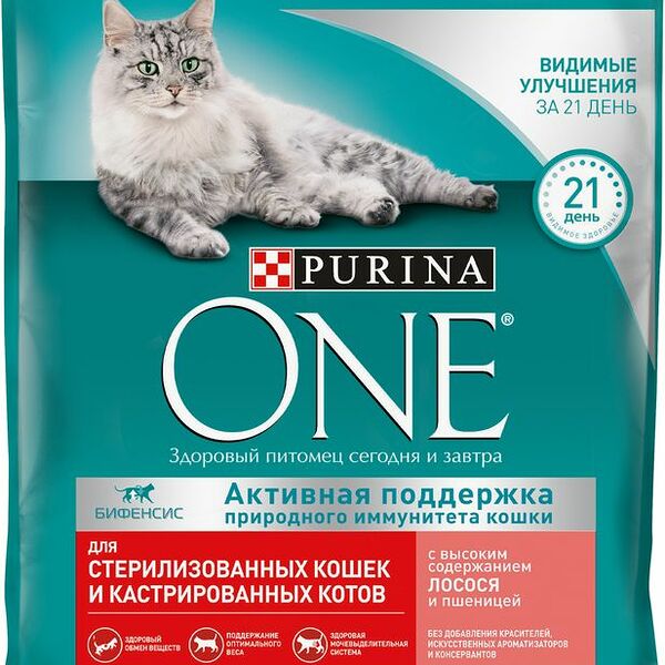 Корм сухой Purina One Sterilised с лососем и пшеницей для взрослых кошек 750г