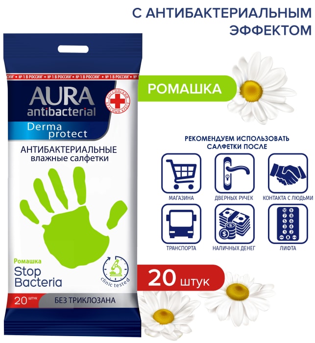 

Салфетки влажные Aura Antibacterial антибактериальные ромашка 20 шт