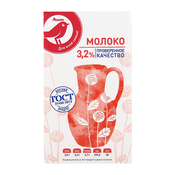 Молоко ультрапастеризованное АШАН Красная птица 3.2%