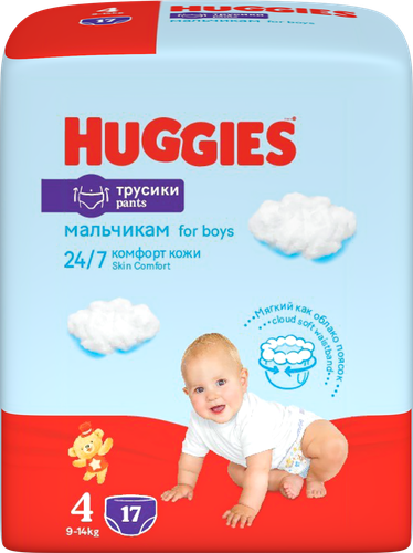 

Трусики-подгузники Huggies для мальчиков 4-L 9-14 кг 17 шт. дизайн упаковки в ассортименте