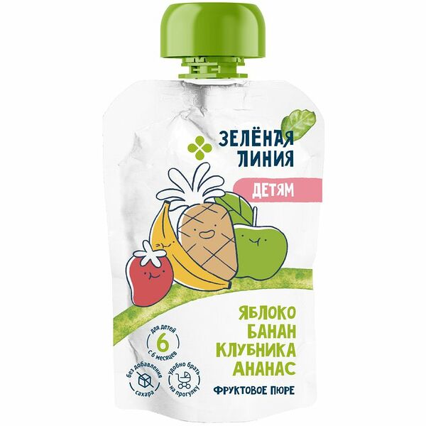 Пюре из яблок бананов клубники и ананасов с 6 месяцев Зелёная Линия, 90г