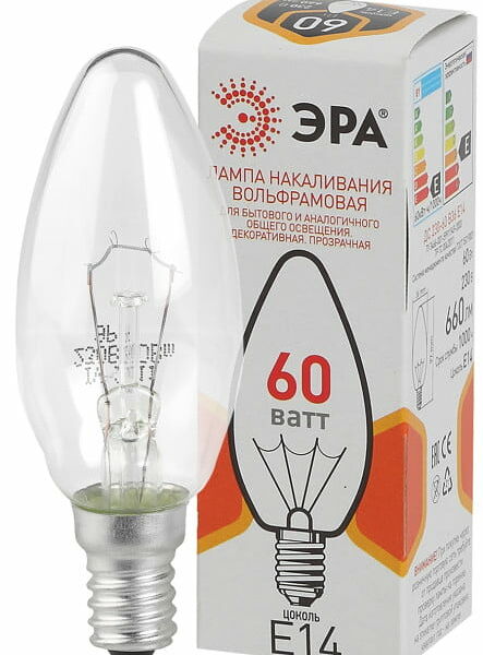 Лампочка ЭРА B36 60Вт Е14 / E14 230В свечка прозрачная