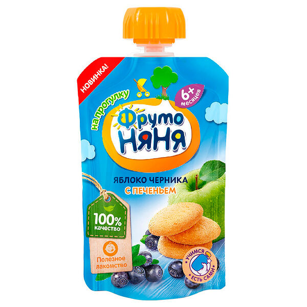 Пюре ФрутоНяня Яблоко, черника с печеньем с 6 месяцев