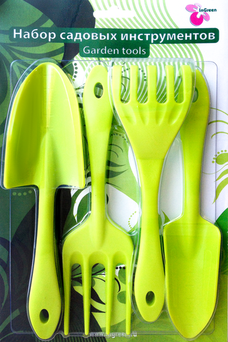 

Набор садовых инструментов InGreen лопатка, совок для пересадки, грабельки и вилка для рыхления, салатовый, 4 предмета
