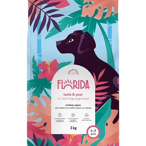 Сухой корм Florida для взрослых собак крупных пород Ягненок и груша, 3 кг.