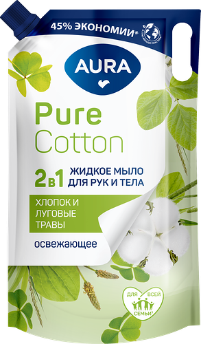 Жидкое мыло для рук и тела AURA Pure Cotton 2в1 Хлопок и луговые травы, 850мл