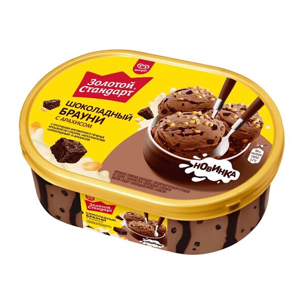Мороженое Золотой Стандарт сливочное шоколадное «Шоколадный брауни с арахисом» 445г, Россия