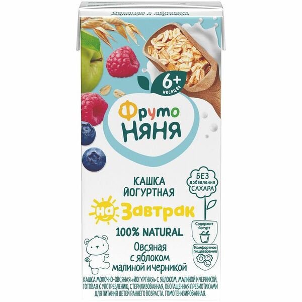 Каша ФрутоНяня молочно-овсяная йогуртная с яблоком малиной и черникой с 6 месяцев, 200мл