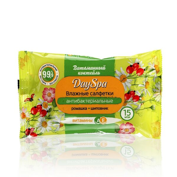 Влажные салфетки Day Spa антибактериальные Витаминный коктейль15 шт
