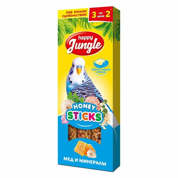 Happy Jungle Палочки для птиц при линьке Злаковое ассорти, 3шт х 30 г