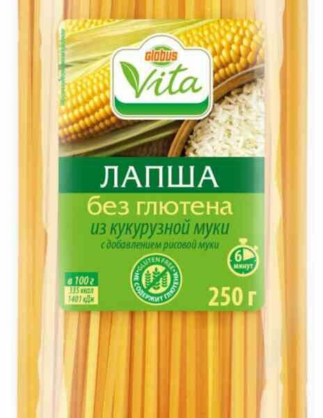 Макаронные изделия из кукурузной муки Лапша Глобус Вита с добавлением рисовой муки без глютена
