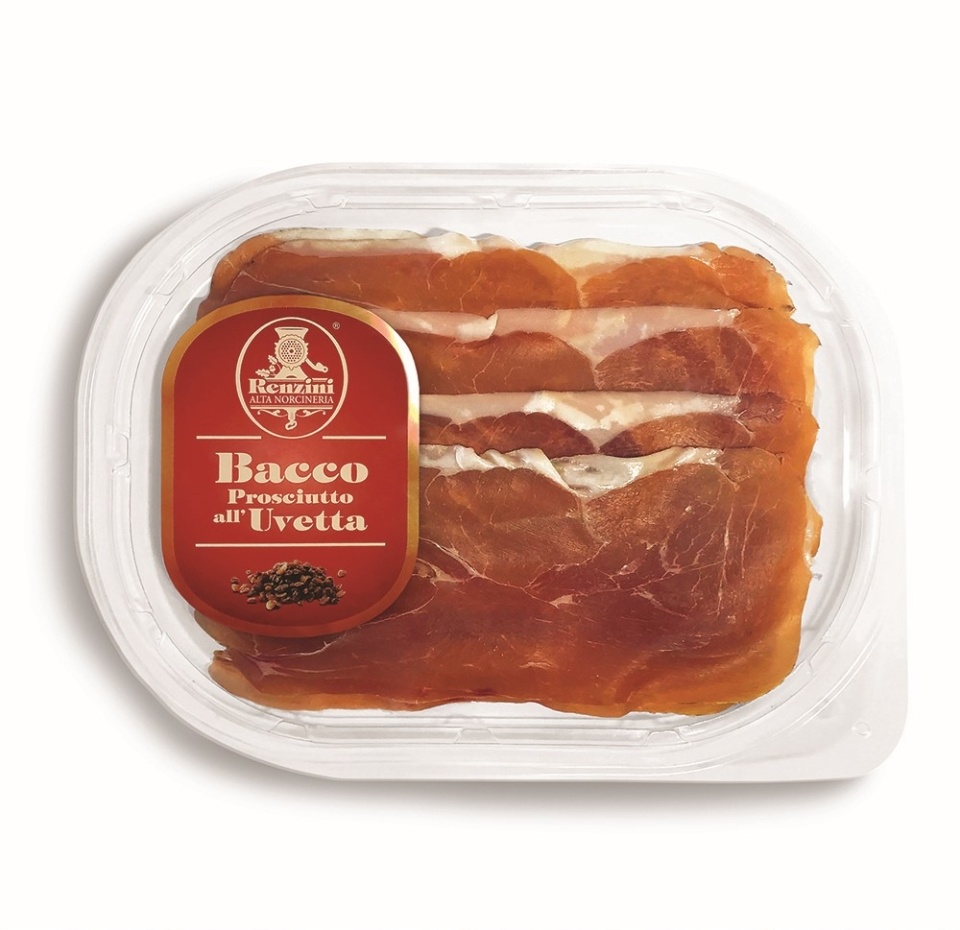 

Окорок сыровяленый Bacco, выдержанный в вине с изюмом, Renzini, 80 г, нарезка, Италия