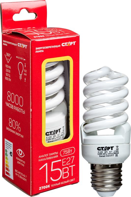 

Лампа энергосберегающая Старт E 15W SPC E27 2700K8Y теплый белый свет