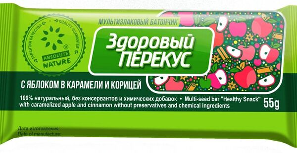 Батончик Absolute Nature мультизлаковый Здоровый перекус с яблоком в карамели и корицей 55г