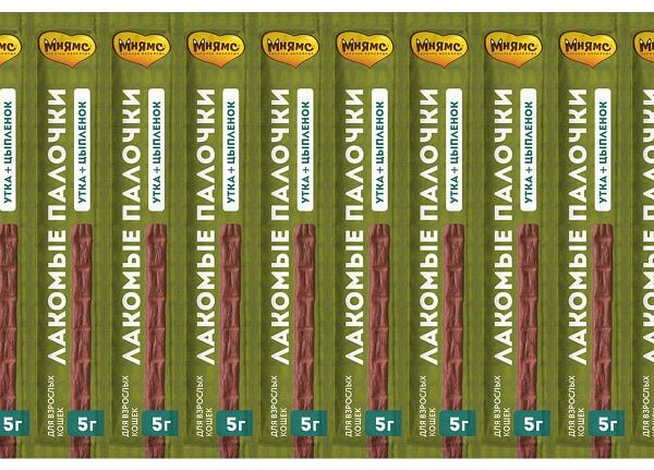 Лакомство для кошек Мнямс Лакомые палочки Утка-Цыпленок 13.5см 10шт*5г