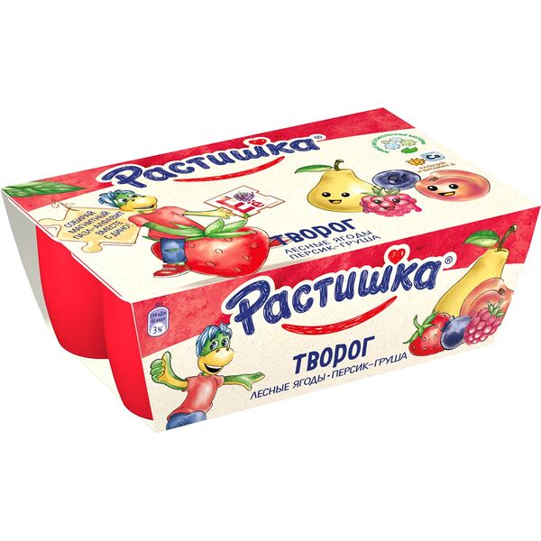 Творог детский Растишка лесные ягоды-персик-груша 3.5%, с 3 лет, 6 шт.